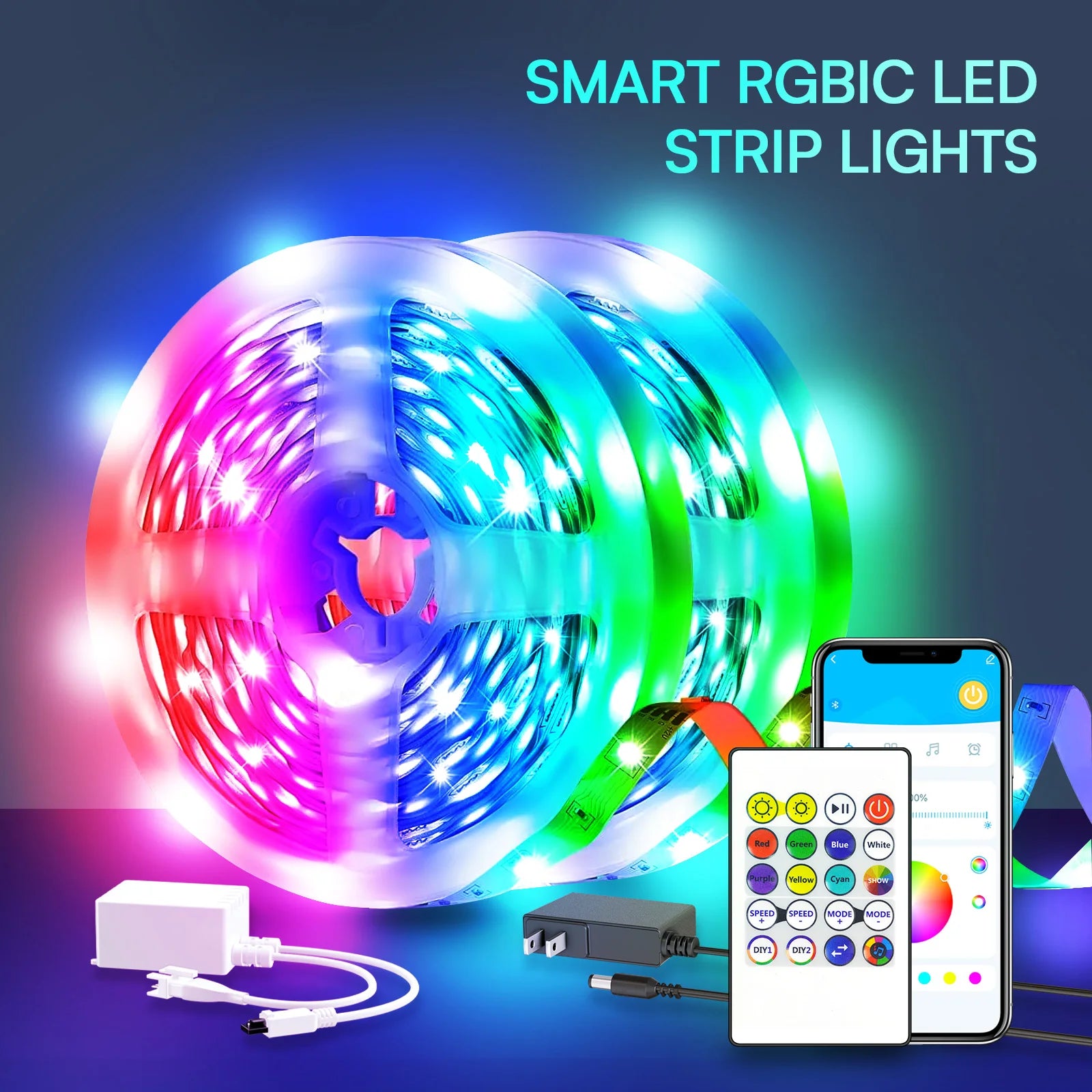 200ft smart LED light strip (2 rolls 100ft), bedroom color-changing RGB light built-in microphone can rhythm with music, su